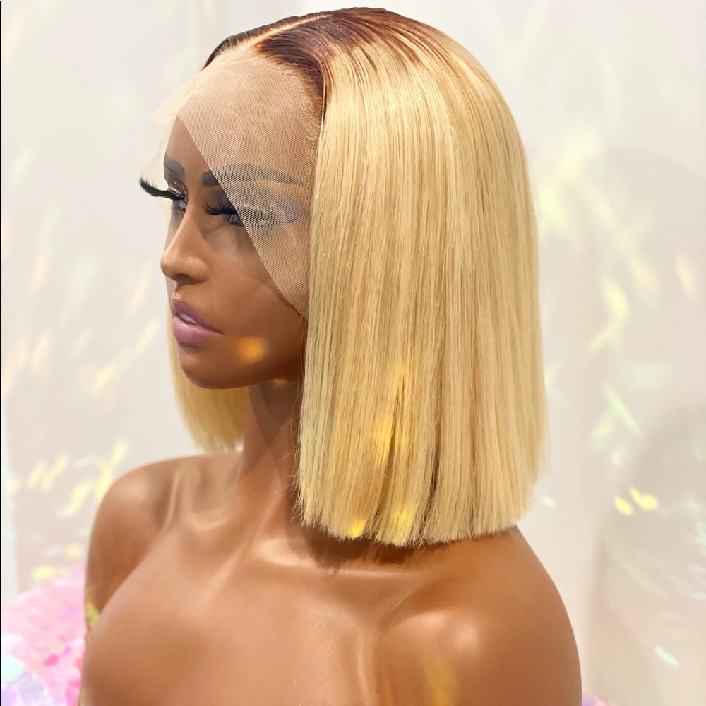 Custom colored blonde blunt cut bob with dark root